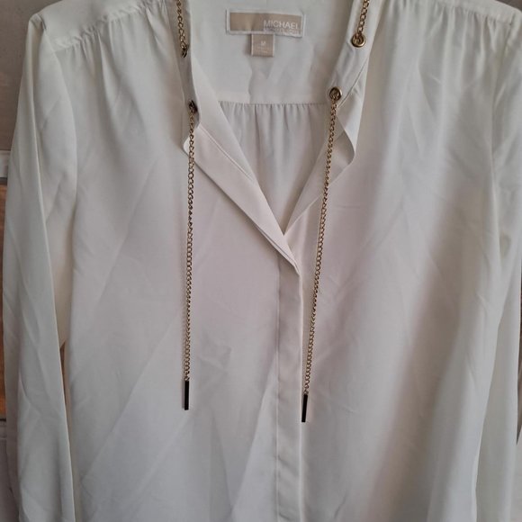 Michael Michael Kors Cream Gold Chain High Low Long Sleeve Blouse - Picture 3 of 10